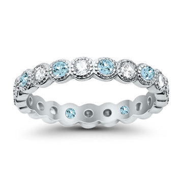 Bezel Set Full Eternity Ring Round Simulated Aquamarine CZ 925 Sterling Silver